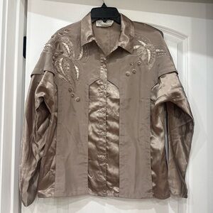 Vintage 60s/70s Brown embroidered button-up shirt with satin feel